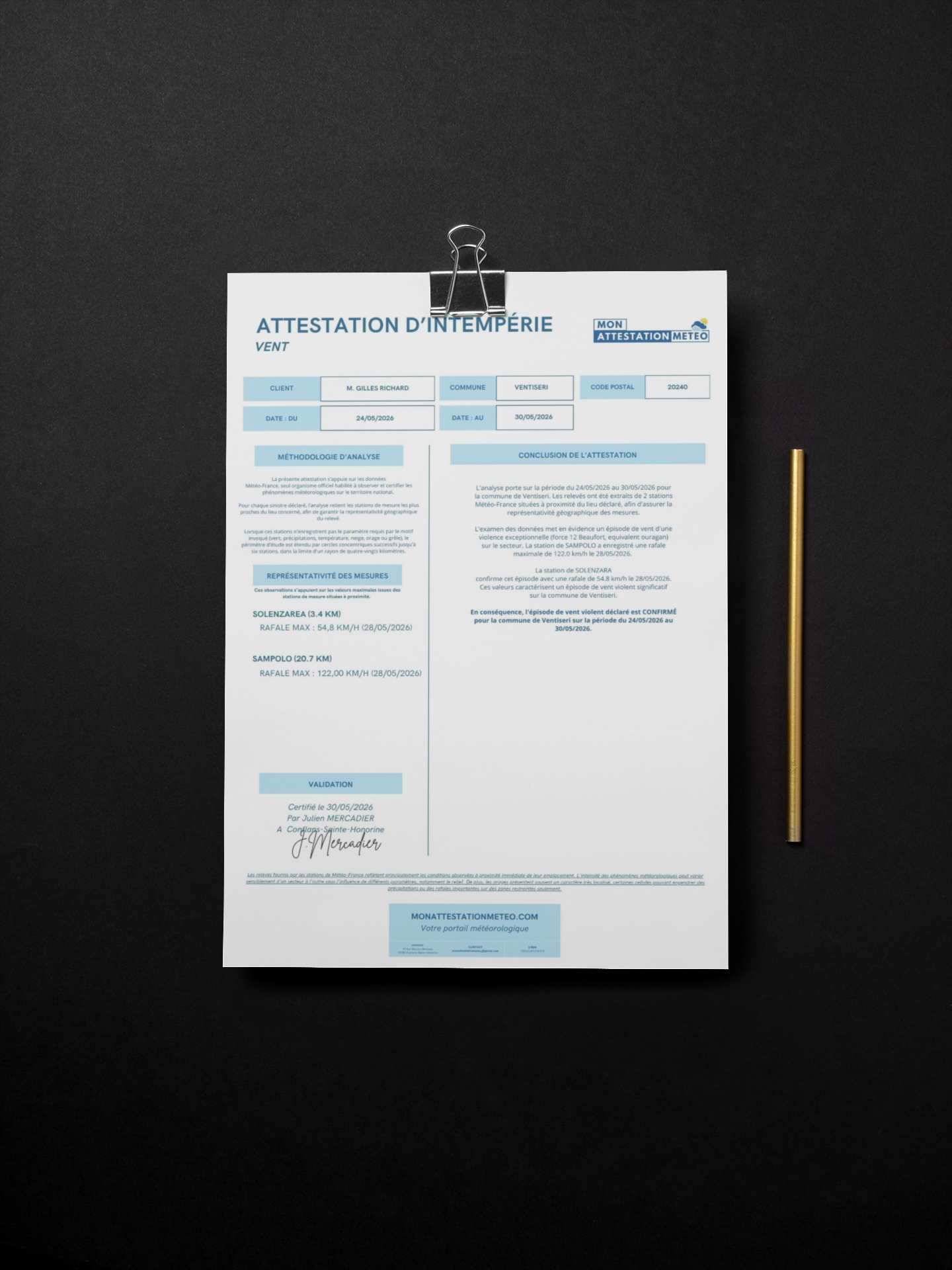 Attestation intempérie de chantier avec relevés quotidiens